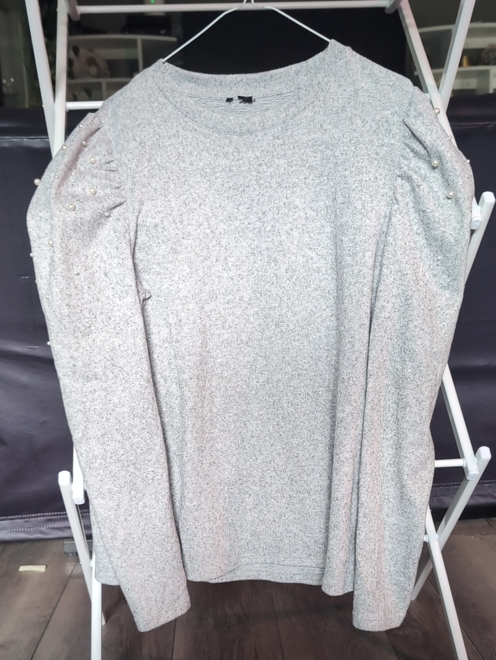 Pearl-Embellished Heather Gray Puff Sleeve Sweater